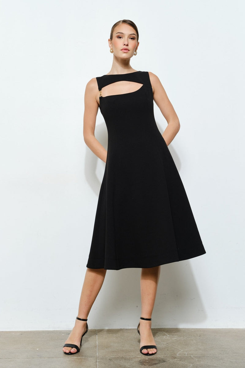 Asymmetrical Cutout Gold-buckle A-line Midi Dress Large Asymmetrical Cutout Gold-buckle A-line Midi Dress Large