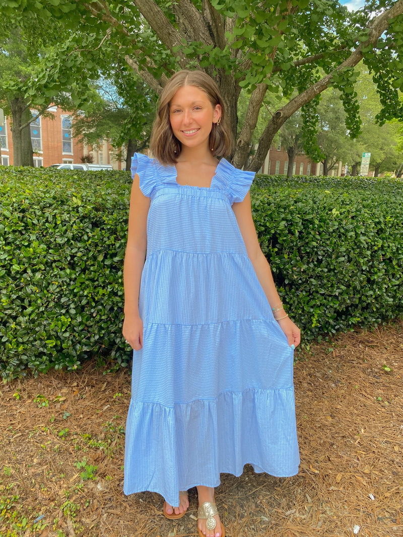 blue striped ruffle dress Azura Exchange Sky Blue Stripe Contrast Ruffled Sleeve T-Shirt Dress main image 0