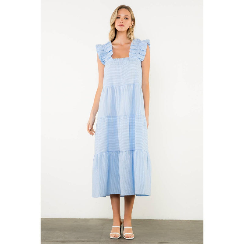 Baby Blue Flutter Sleeve Striped Tiered Dress Baby Blue Flutter Sleeve Striped Tiered Dress
