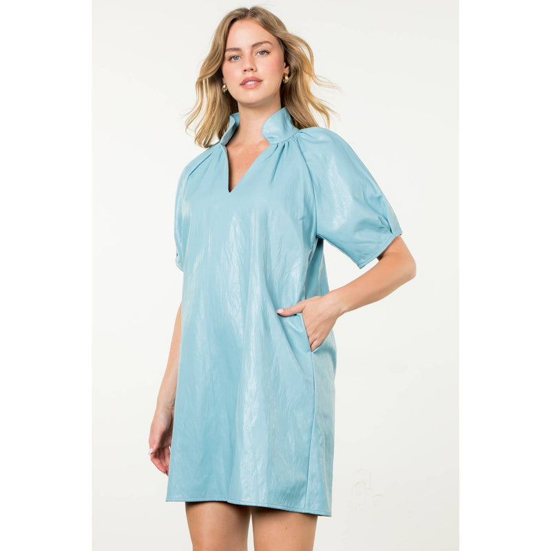 Baby Blue Short Sleeve Leather Midi Dress medium Baby Blue Short Sleeve Leather Midi Dress medium