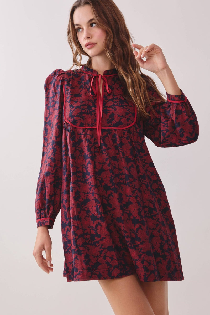 Berry Floral Print Contrast Piping Detail Babydoll Mini Dress Small