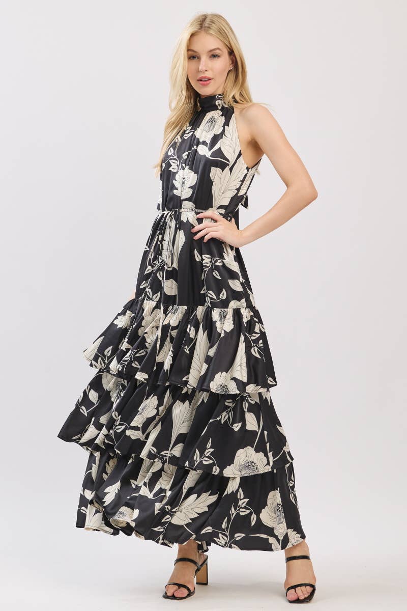 high neck tiered maxi dress Kaelia Tiered Halter Maxi Dress Sparkle Brown