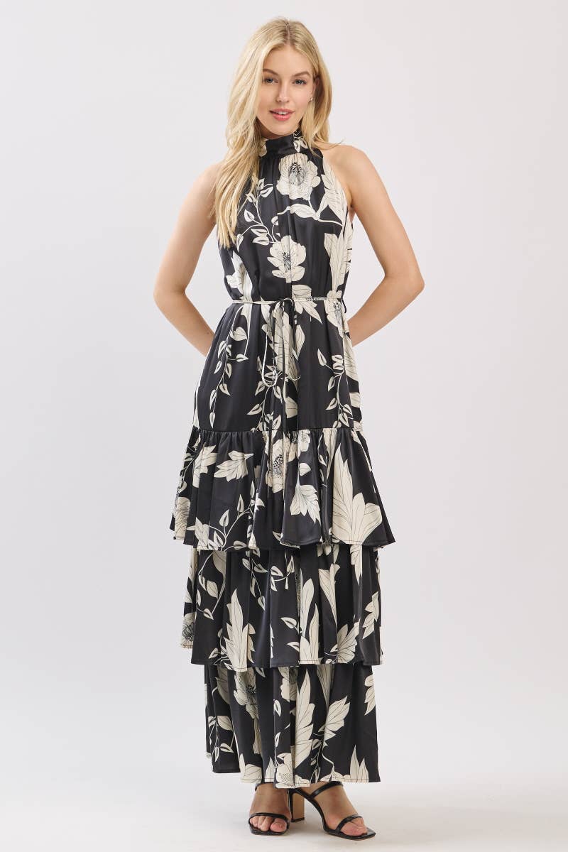 Black and Ivory Floral Satin Mock Halter Neck Tiered Maxi Dress Black and Ivory Floral Satin Mock Halter Neck Tiered Maxi Dress