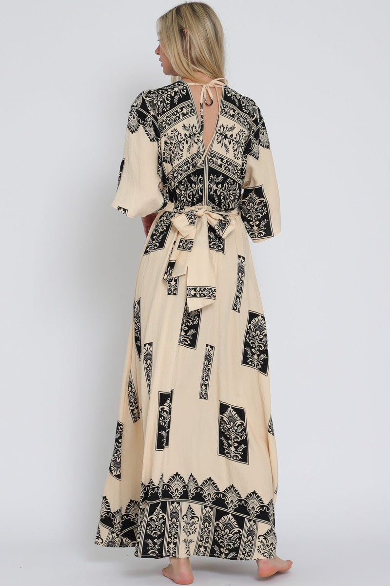 Black and Ivory Kimono Sleeve Maxi Dress