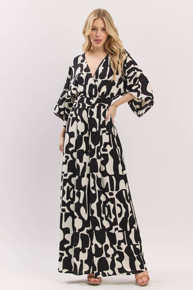 black and white geometric maxi dress Black and White Geometric Print 3/4 Kimono Sleeve V- Neck Jumpsuit Small