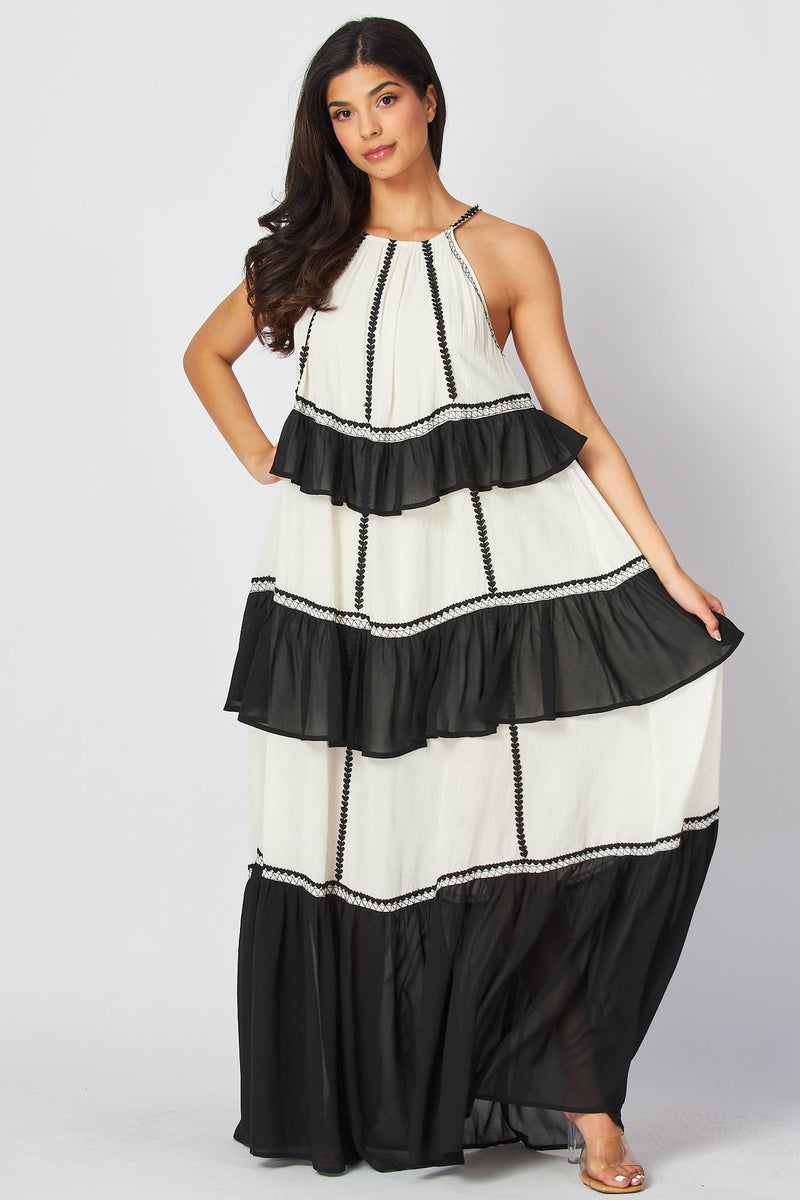 Black and White Tiered Striped Halter Color Block Maxi Dress Black and White Tiered Striped Halter Color Block Maxi Dress