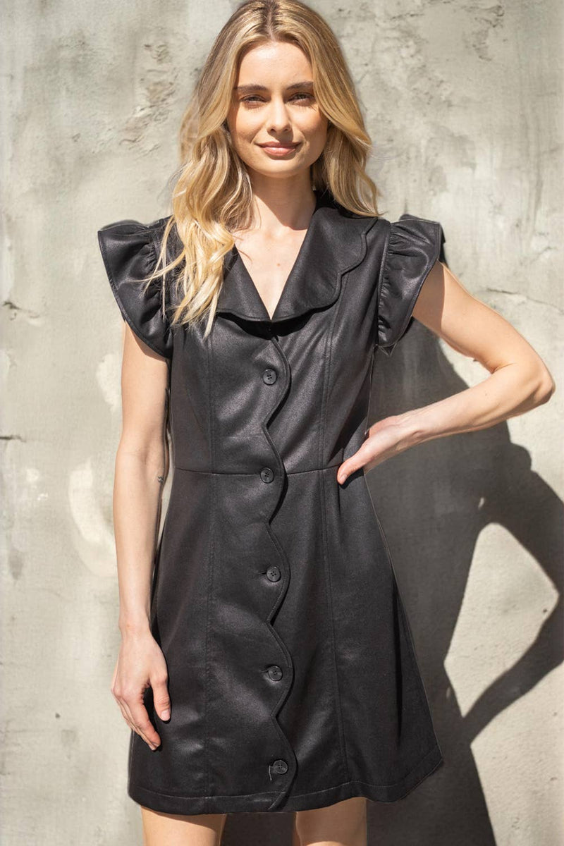 BLACK FAUX LEATHER SCALLOPED DRESS