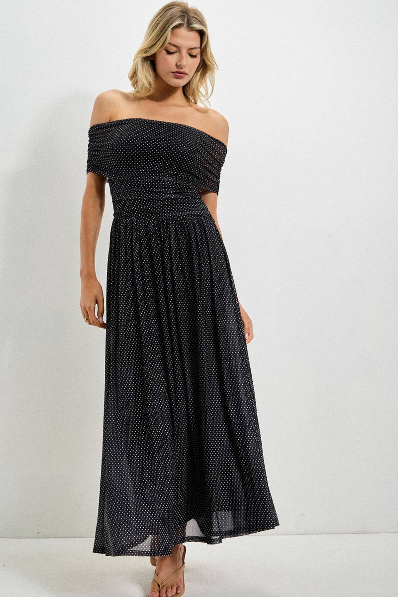 Black & Ivory Polka Dot Off-Shoulder Smocked Maxi Dress