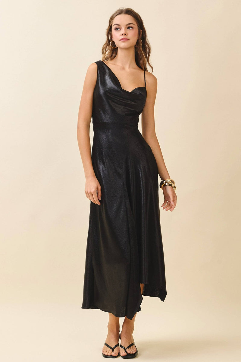 Black Metallic Draped Cowl Neck Asymmetrical Slip Maxi Dress Medium Black Metallic Draped Cowl Neck Asymmetrical Slip Maxi Dress Medium