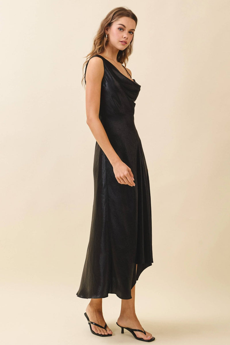 Black Metallic Draped Cowl Neck Asymmetrical Slip Maxi Dress Medium