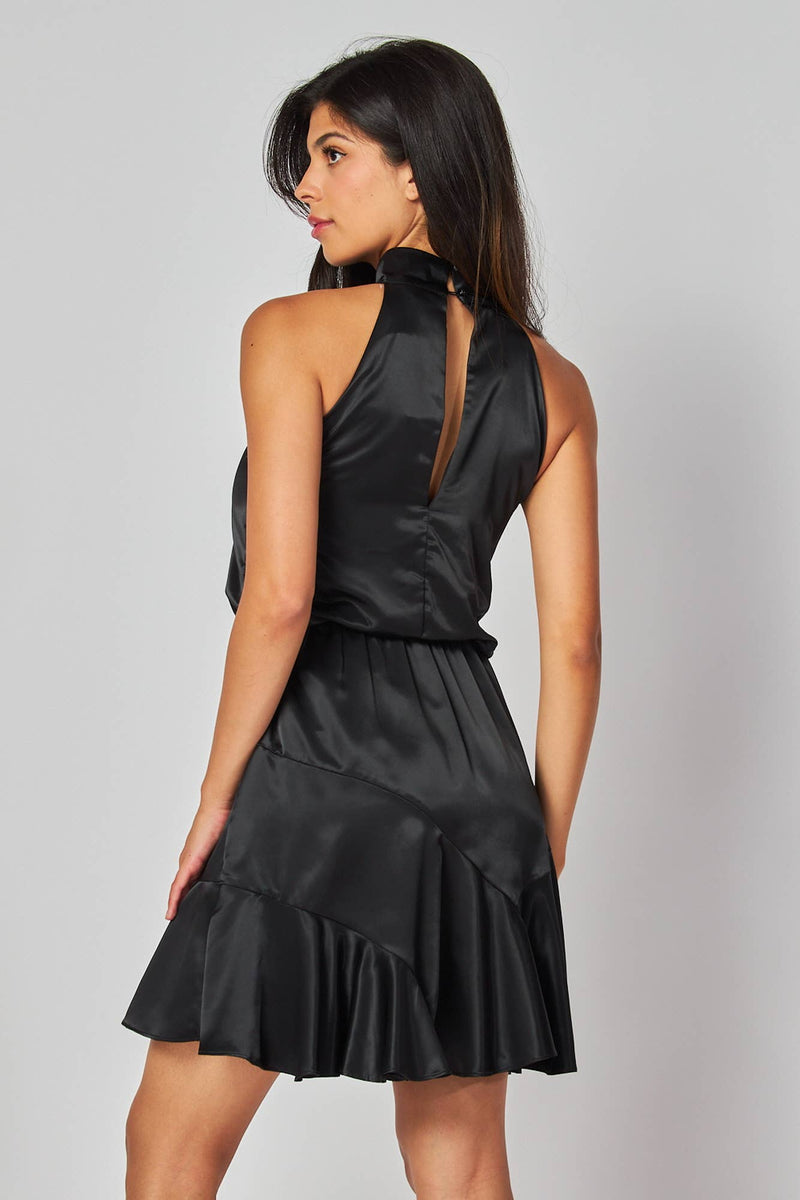 Black Satin Solid Sleeveless Mock Halter Neck Mini Dress Black Satin Solid Sleeveless Mock Halter Neck Mini Dress