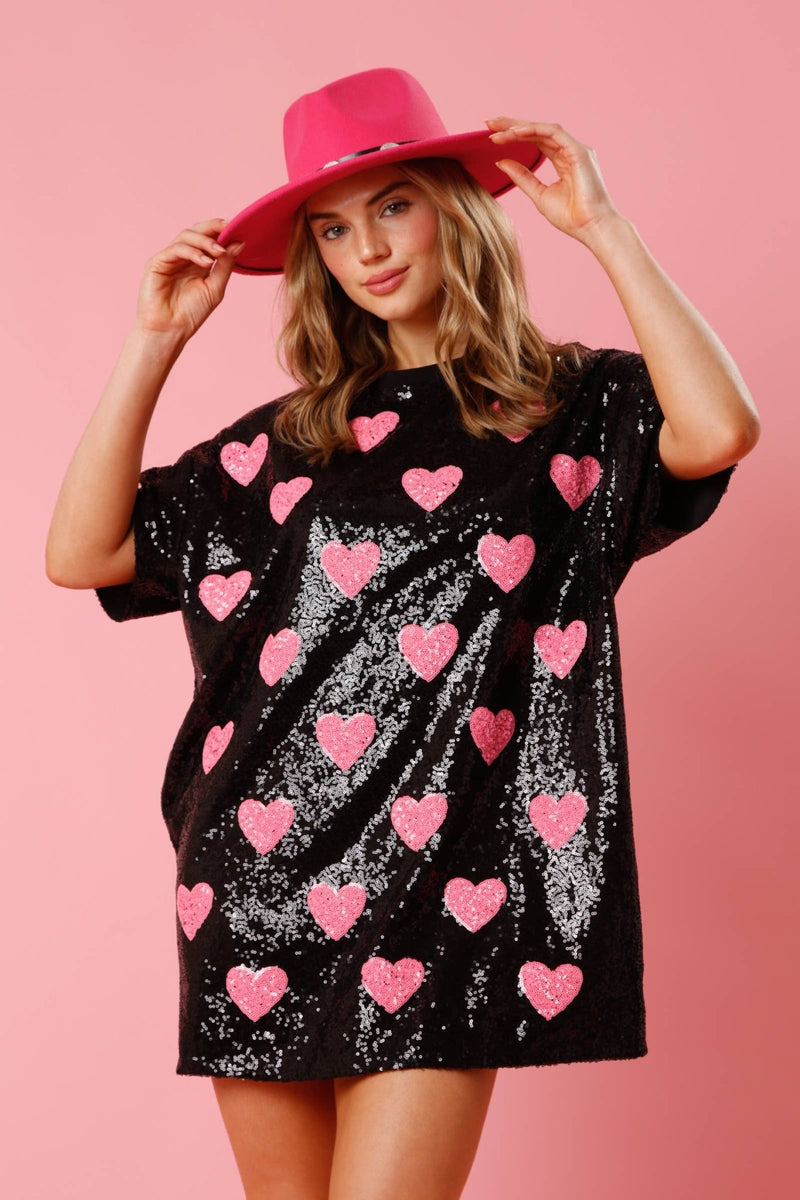Black SEQUINED OVERSIZED SHIRT DRESS WITH PINK HEARTS Medium Black SEQUINED OVERSIZED SHIRT DRESS WITH PINK HEARTS Medium