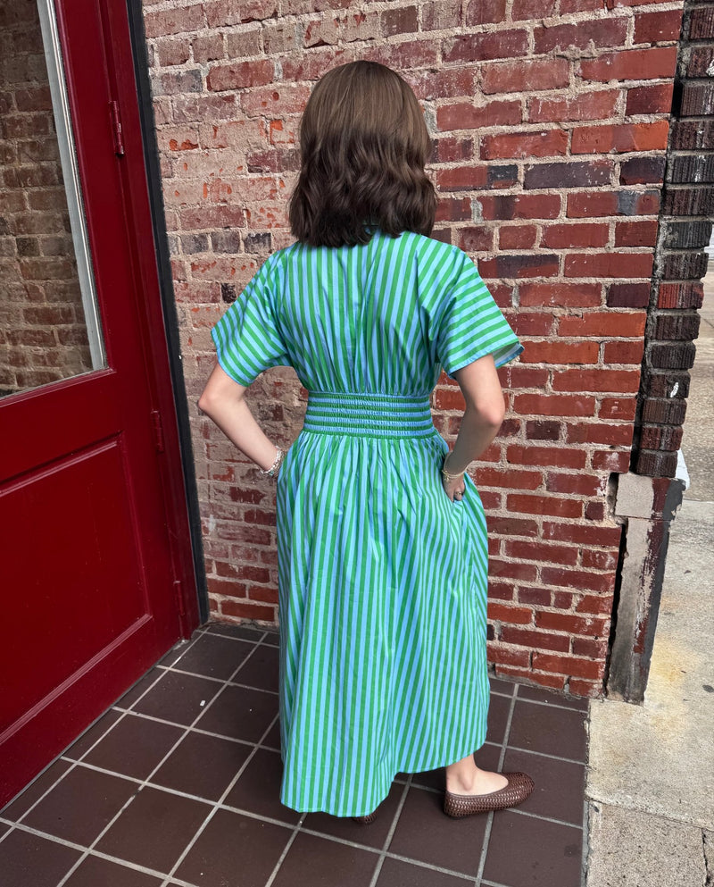 Blue and Green Vertical Striped Collared Front Zipper Short Sleeve Midi Dress with Pockets