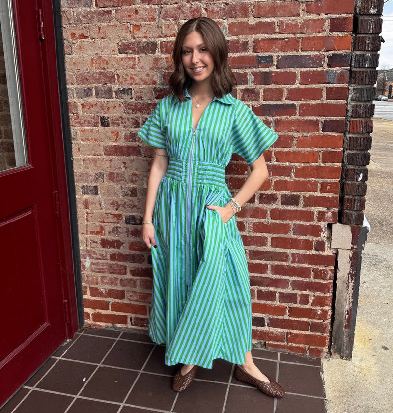 Blue and Green Vertical Striped Collared Front Zipper Short Sleeve Midi Dress with Pockets