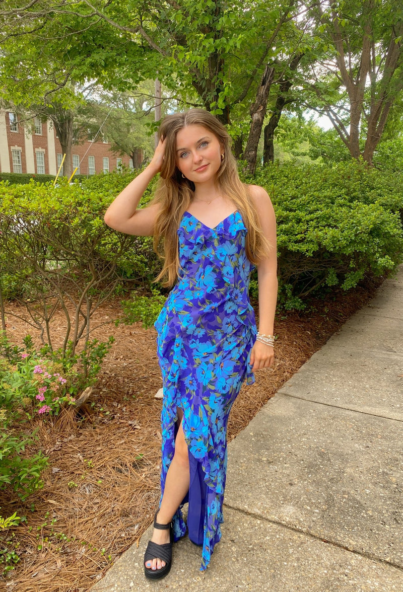 Blue Diamond High Slit Tiered Maxi Dress