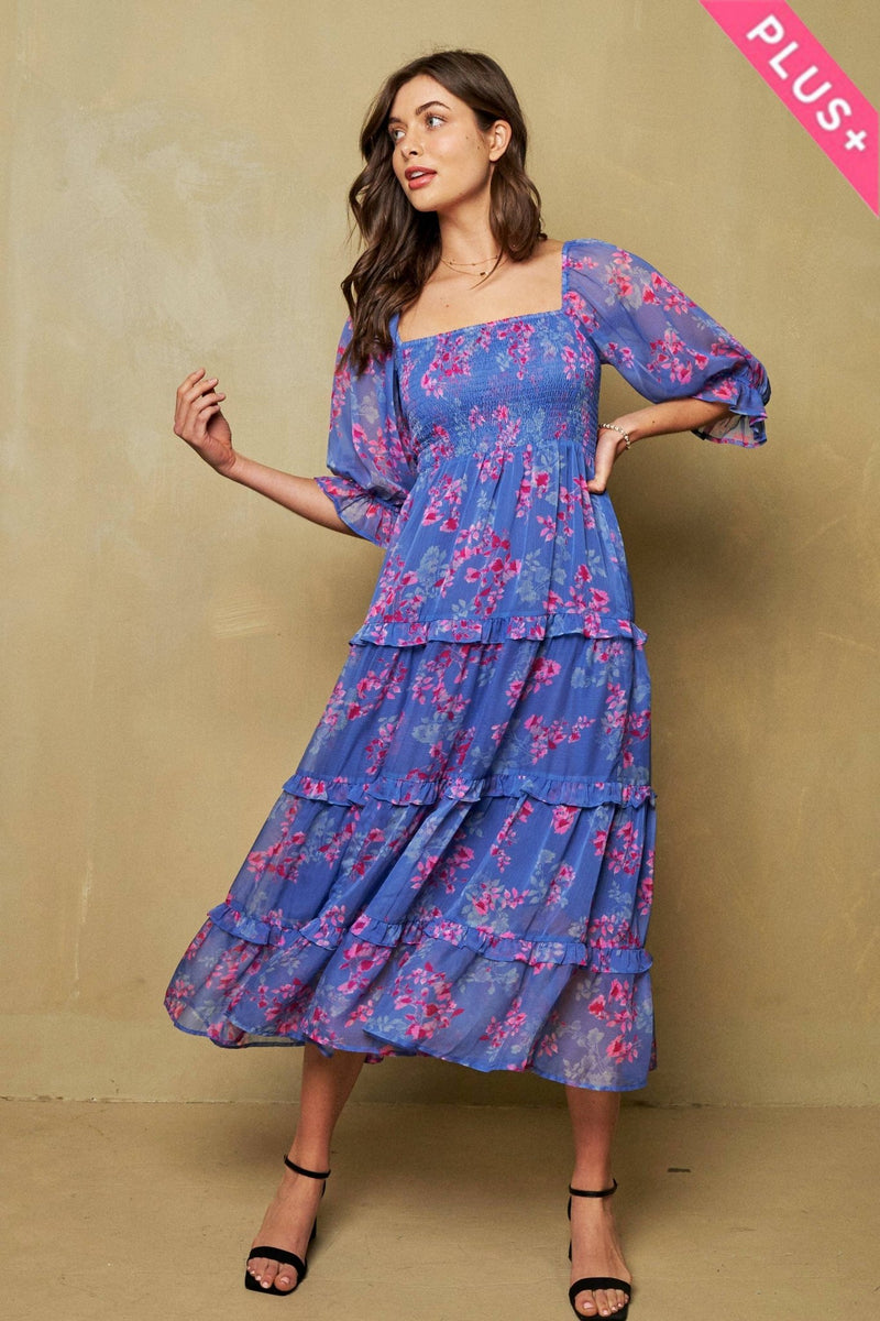 BLUE & PINK FLORAL PLUS SMOCKING RUFFLE DETAIL CHIFFON MAXI DRESS 3XL BLUE & PINK FLORAL PLUS SMOCKING RUFFLE DETAIL CHIFFON MAXI DRESS 3XL