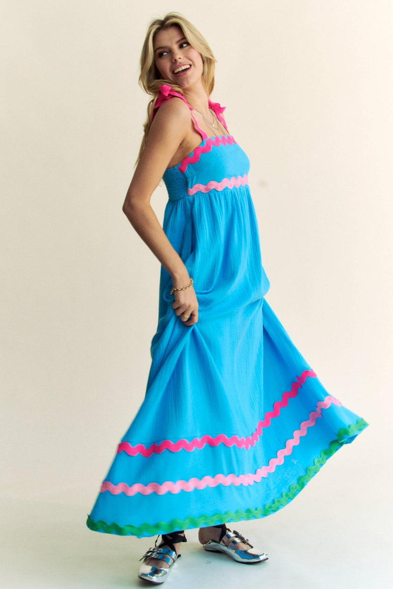 BLUE & PINK RIC RAC TRIM DETAIL MAXI DRESS L BLUE & PINK RIC RAC TRIM DETAIL MAXI DRESS L