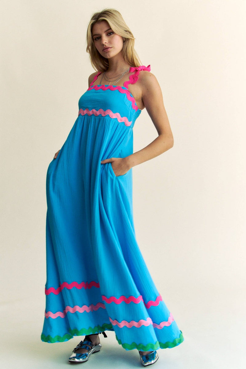 davi and dani maxi dress Davi & Dani Multi Contrast Smocked Bodice Straps Maxi Dress