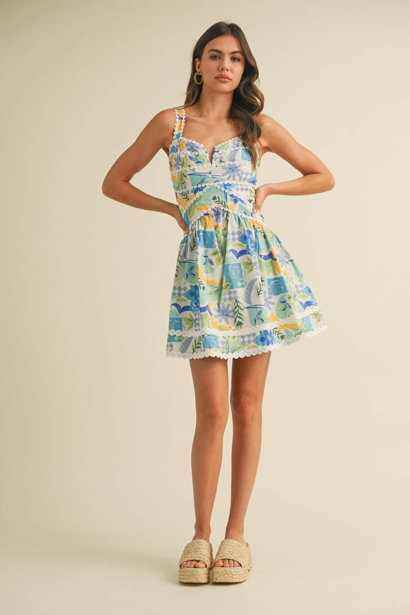 Blue Print Cut Out Lace Trim Fit and Flare Mini Dress