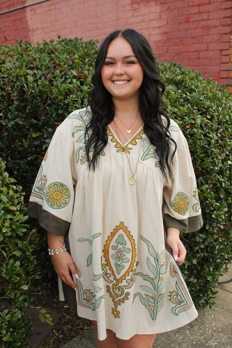 boho babydoll dress OLIVE GREEN AND TAUPE EMBROIDERED Small beach-wedding looking for stylish beach Color:Yellow Multi Petite Dresses For Women