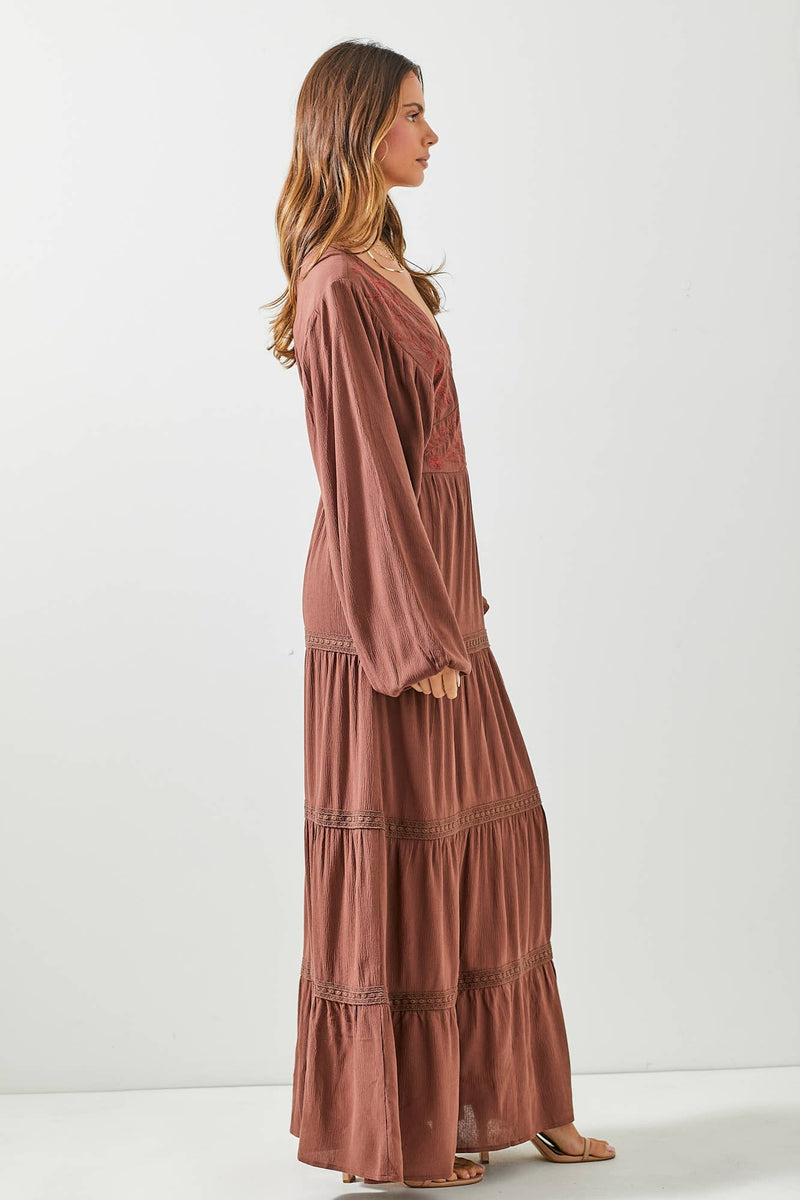 v neck brown maxi dress Brown Caffeine Plunging Neck Elastic Straps Cotton Maxi Dress Caffeine Brown / XL