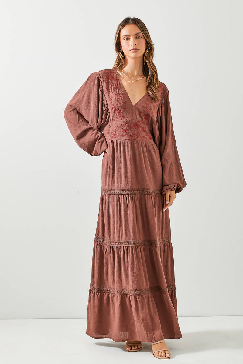 BROWN EMBROIDERED V-NECK MAXI DRESS BROWN EMBROIDERED V-NECK MAXI DRESS