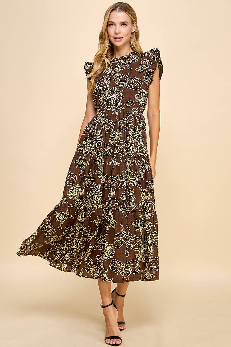 keyhole midi dress Brown Floral Print Ruffle Sleeve Back Keyhole Midi Dress Large