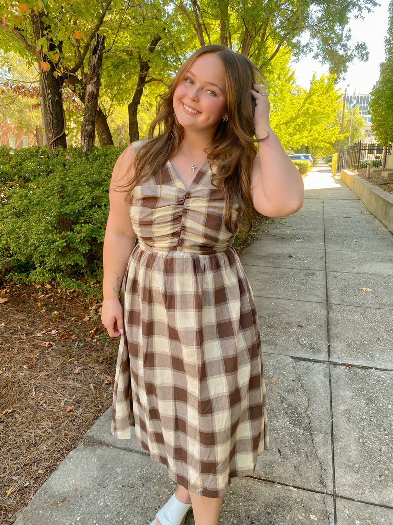 blue dress for baby girl Brown Plaid Checkered V-Neck Ruched Bodice Midi Dress Medium