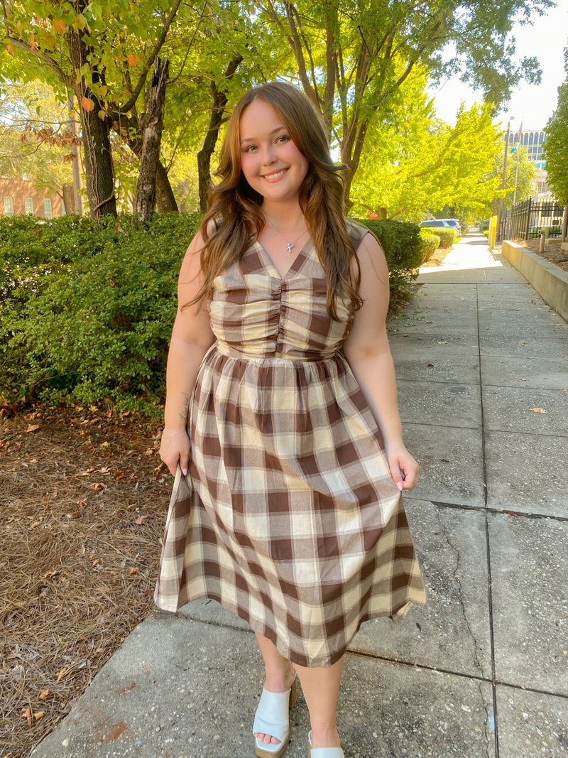 Brown Plaid Checkered V-Neck Ruched Bodice Midi Dress Medium