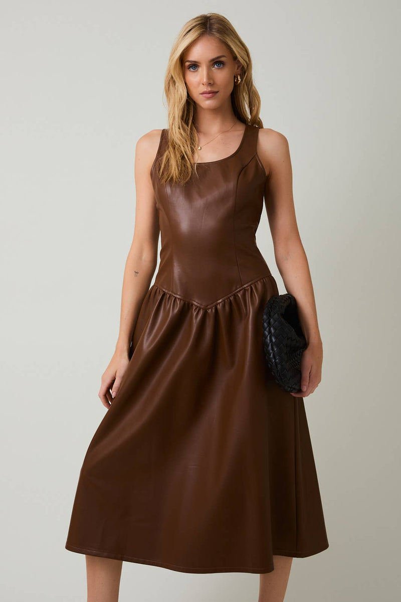 BROWN SCOOPED NECK SLEEVELESS DROP WAIST FAUX LEATHER MIDI DRESS MEDIUM BROWN SCOOPED NECK SLEEVELESS DROP WAIST FAUX LEATHER MIDI DRESS MEDIUM