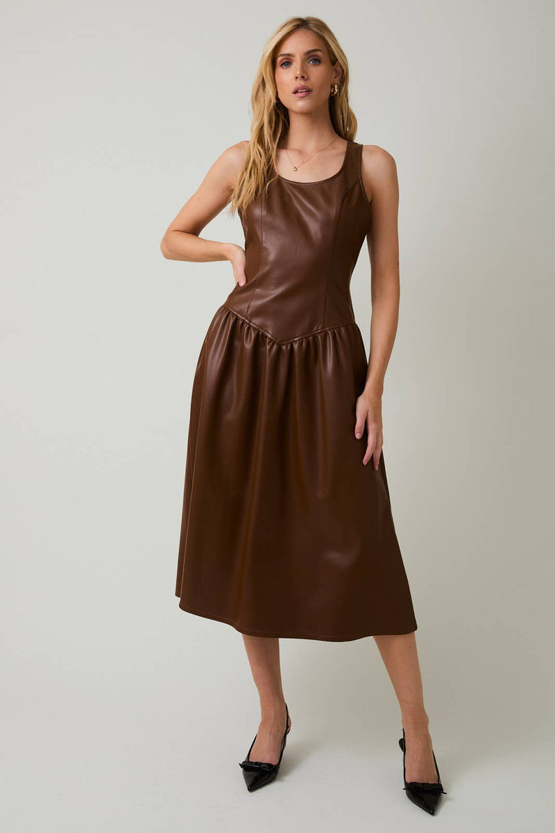 Brown Scooped Neck Sleeveless Drop Waist Faux Leather Midi Dress Small