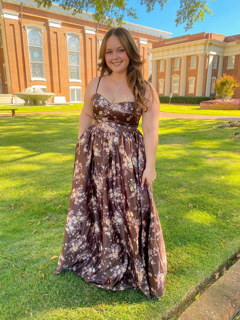 Brown Sweetheart Satin Spaghetti Strap Floral Maxi Dress Large Brown Sweetheart Satin Spaghetti Strap Floral Maxi Dress Large