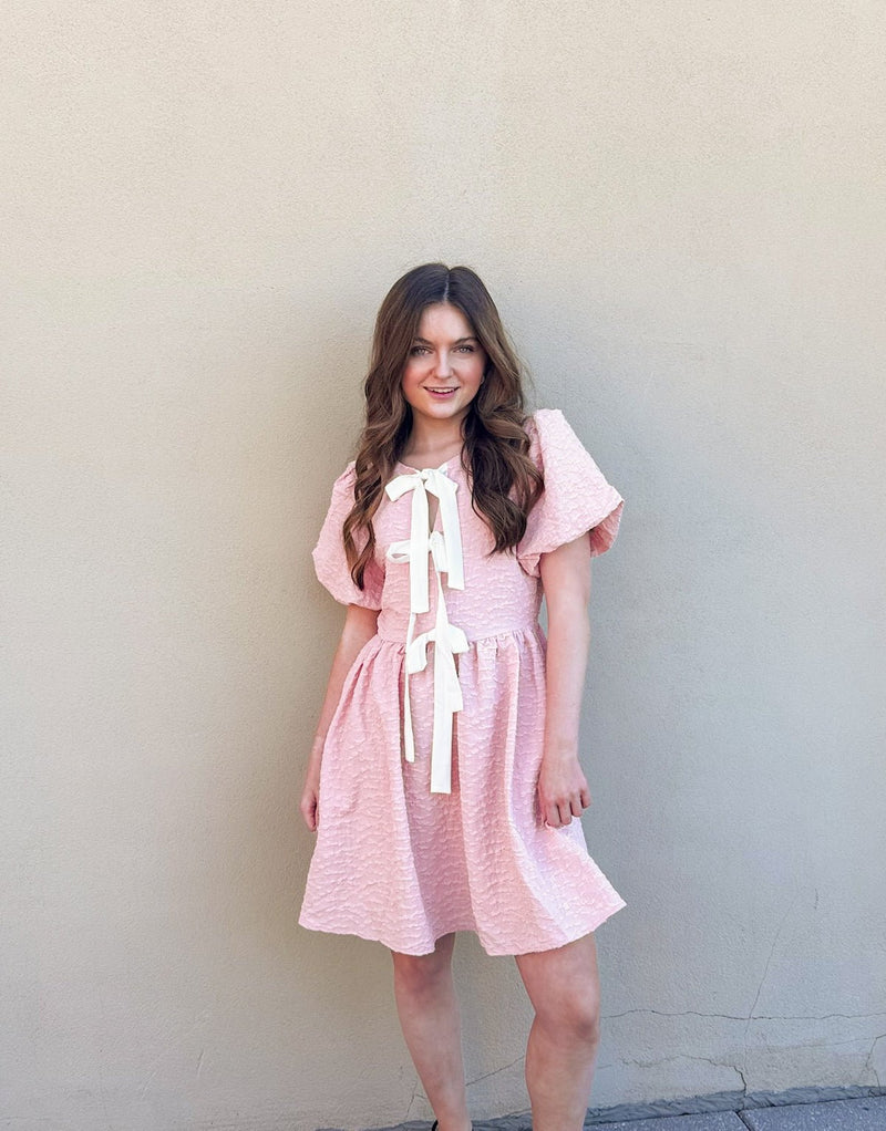 mini dress with bow in front BUBBLE TEXTURED BOW TIE FRONT MINI DRESS S / APRICOT