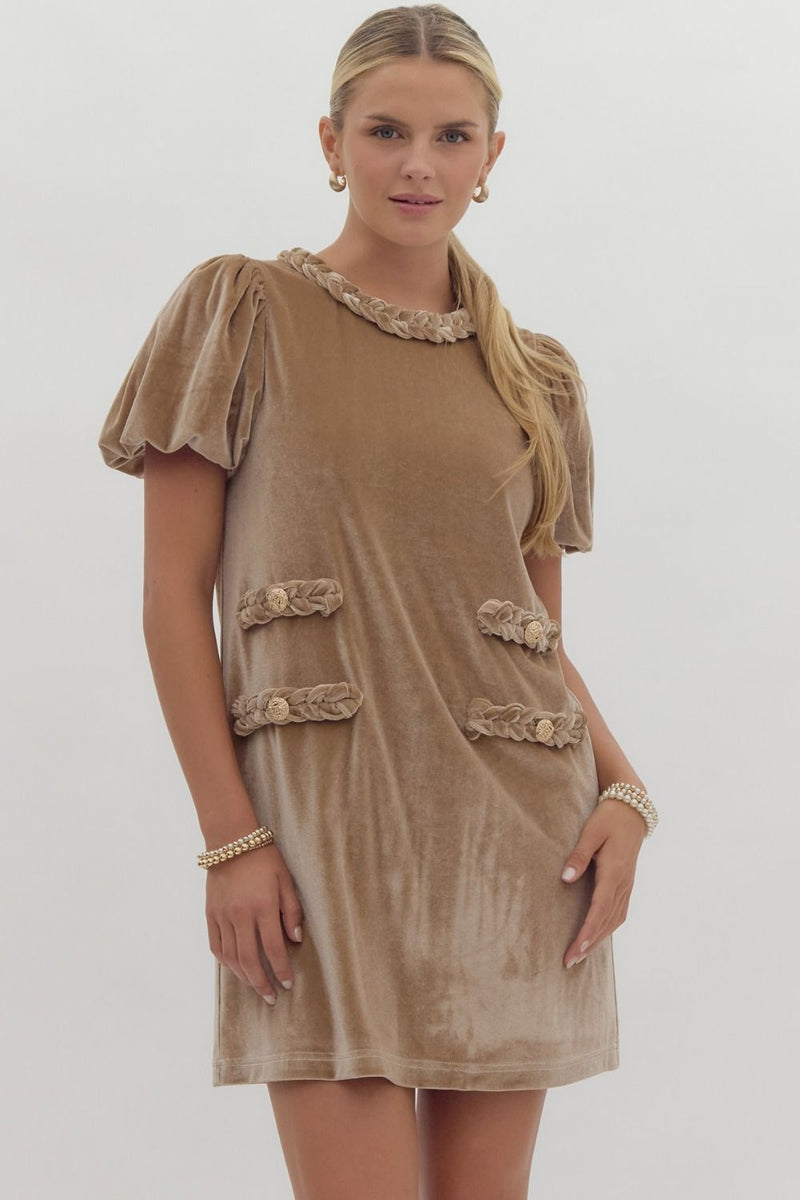 CHAMPAGNE VELVET SHORT PUFF SLEEVE MINI DRESS WITH FRONT FAUX POCKETS CHAMPAGNE VELVET SHORT PUFF SLEEVE MINI DRESS WITH FRONT FAUX POCKETS