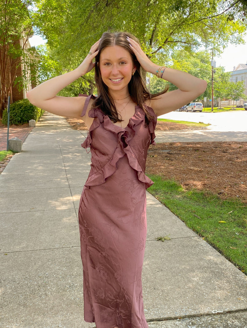 satin ruffle midi dress Chestnut Satin Ruffle Tie Strap Midi Dress Medium