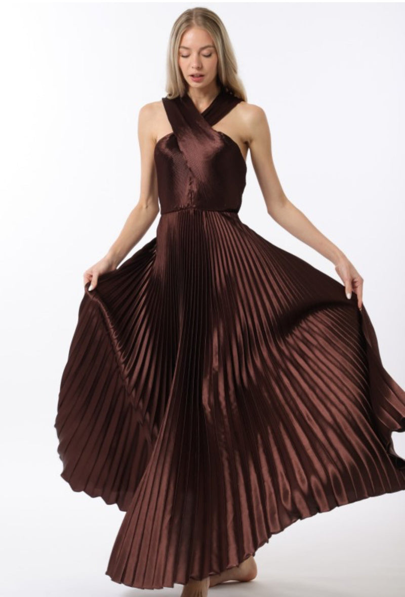 Chocolate Brown Satin Surplice Neck Tie Back Pleated Maxi Dress Large Chocolate Brown Satin Surplice Neck Tie Back Pleated Maxi Dress Large