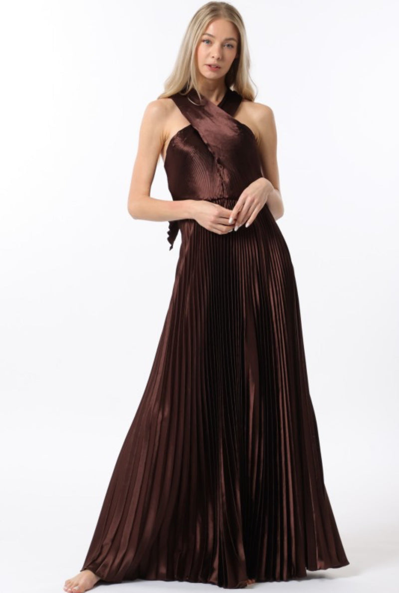 Buy Chocolate Brown Satin Cross Neck Tie Back Pleated Maxi Dress