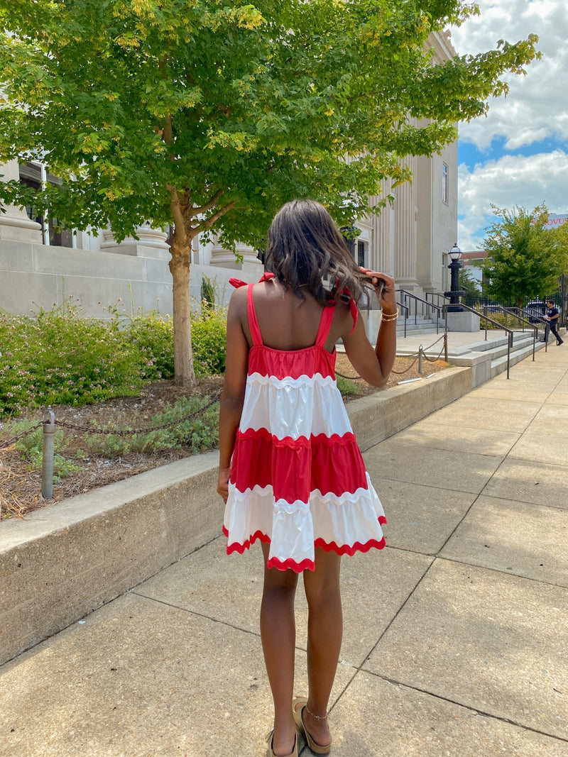 shoulder tie mini dress CRIMSON AND WHITE RICRAC SHOULDER TIE MINI DRESS