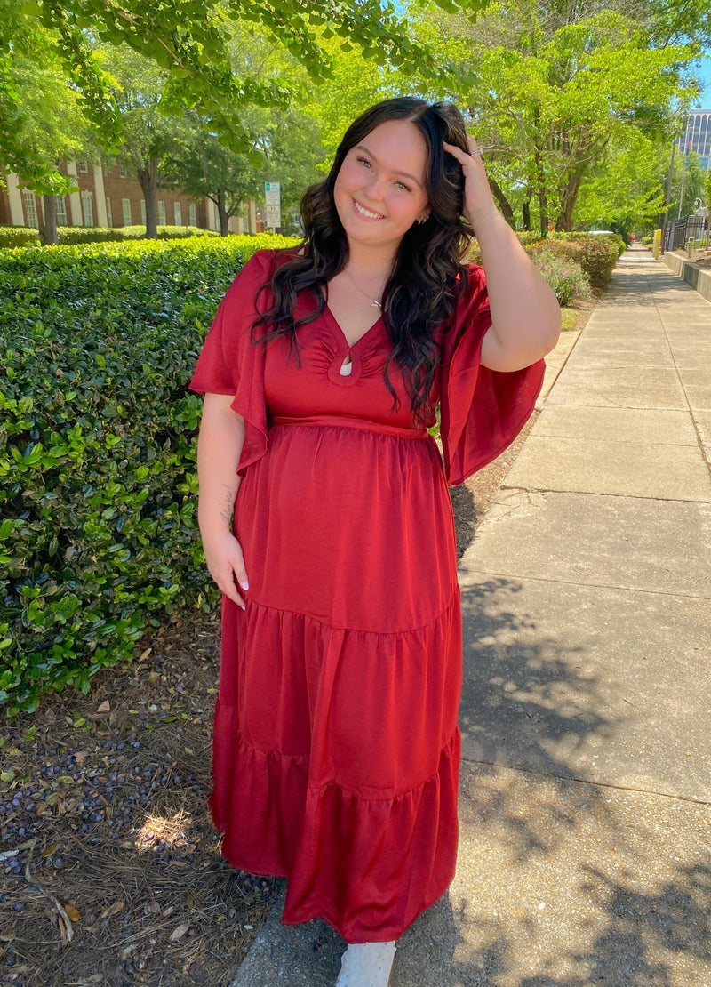 Crimson Ruched Detail Tiered Short Sleeves Maxi Dress