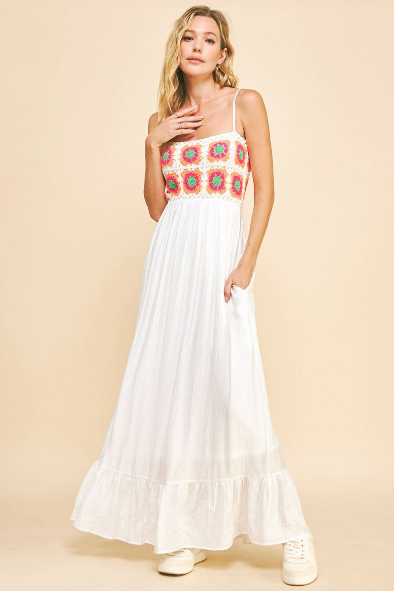crochet dress with fabric CROCHET BODICE BACK TEXTURED FABRIC MAXI DRESS