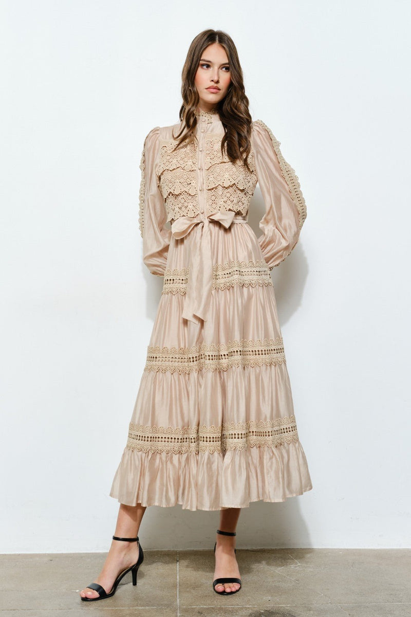 Crochet-style Lace Panel Satin Midi Dress Medium