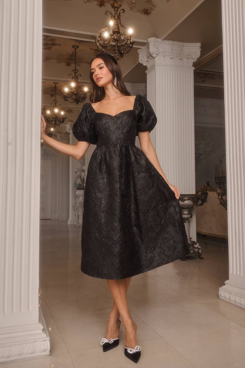 midi jacquard dress with sleeves Danica Jacquard Alessi Puff Sleeve Midi Dress Black / XS by Sugarlips