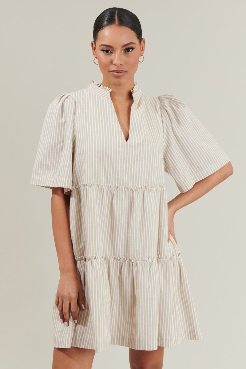 Dixie Beige and White Striped Split Neck Shift Dress