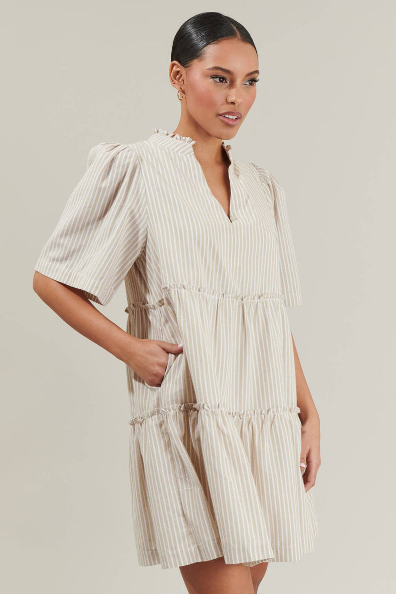 Dixie Beige and White Striped Split Neck Shift Dress Dixie Beige and White Striped Split Neck Shift Dress