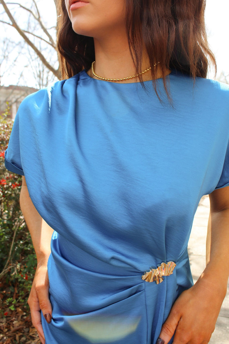 Electric Blue Gathered Metal Trim Short Sleeve Midi Dress Small