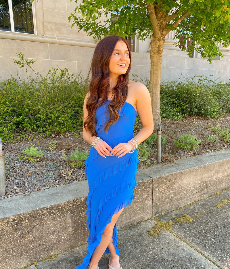 Electric Blue Strapless Fril Midi Dress Large