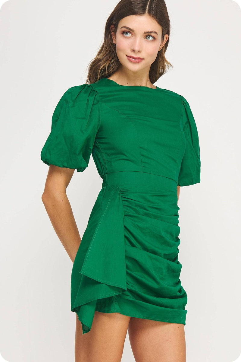 Emerald Ruched Short Puff Sleeve Voile Mini Dress Emerald Ruched Short Puff Sleeve Voile Mini Dress