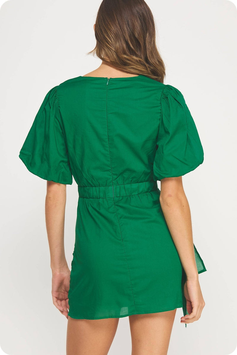 Emerald Ruched Short Puff Sleeve Voile Mini Dress Small Emerald Ruched Short Puff Sleeve Voile Mini Dress Small