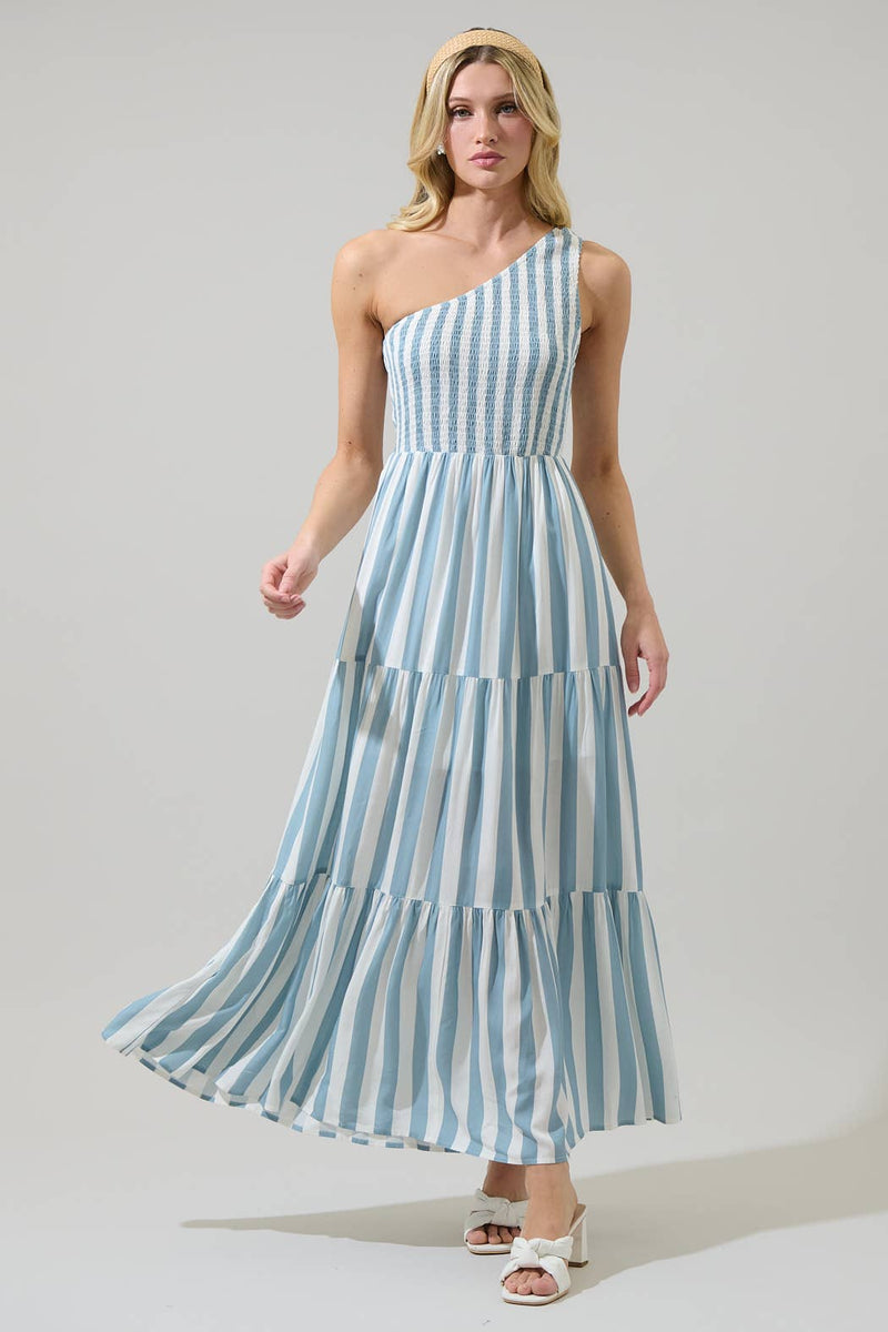 blue and white striped bridesmaid dresses Ontre Blue And White Stripe,Summer,Elegant,Brunch Women's Patchwork Round Neck Sleeveless Waist Pleated Long Dress, A-Line Maxi Wedding Guest Vacation Gown