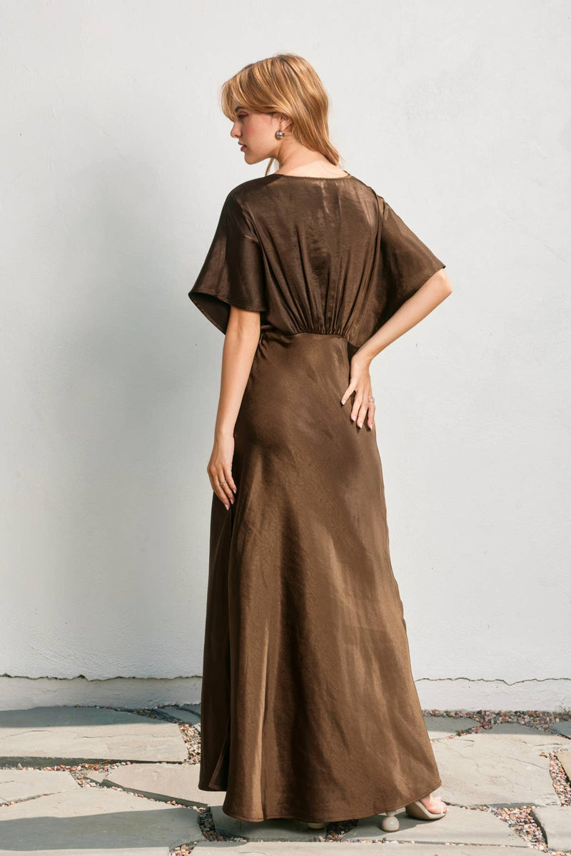 Espresso Brown Like Butter Satin Blouson Maxi Dress